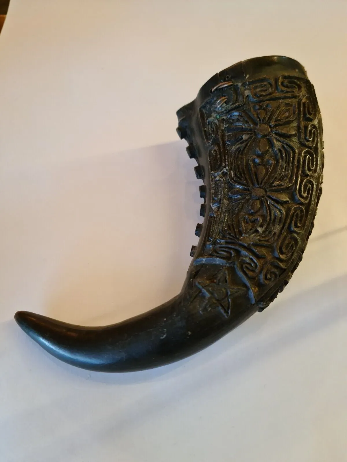 Antique African Tribal Tikar Carved Horn Palm Wine Drinking Vessel, Cameroon