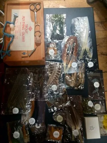 Veniard Vintage 1950s Trout Fly Tying Kit Feathers Fur Tools Books Box Used