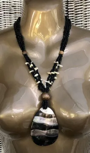NEW STATEMENT LARGE ABALONE SHELL SEED BEAD PENDANT NECKLACE ETHNIC BOHO HIPPIE
