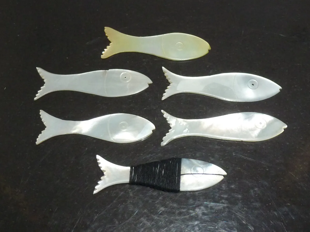 Antique Chinese Mother of Pearl Fish Thread Winders x 6 Carved Gaming Counters