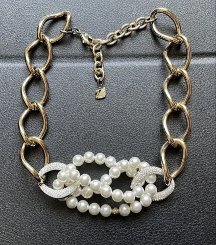 Genuine Swarovski Donatella Pearl Chunky Necklace, Gold Tone Plated