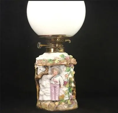 ANTIQUE GERMAN ERNST BOHNE SOHNE VOLKSTEDT PORCELAIN OIL LAMP DRESDEN