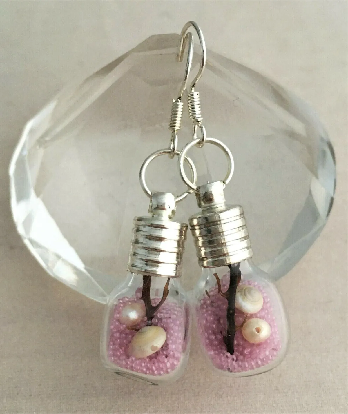 Handmade Glass Bottle Earrings + Shark Eye Seashell Pearl Sea fan & Pink Caviar
