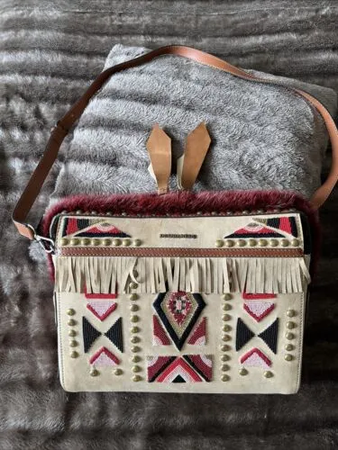 Dsquared2 Designer Suede Leather And Fur Handbag - Medium Authentic Embroidered