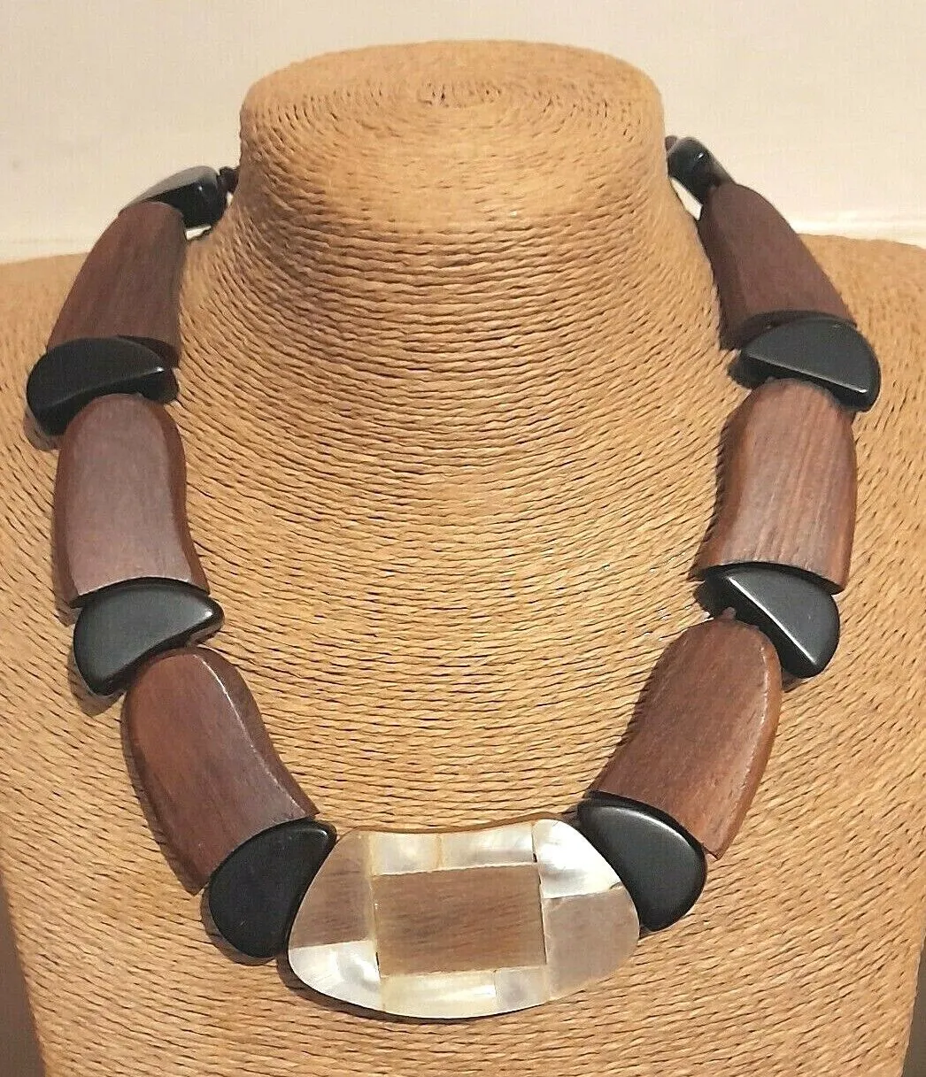 Chunky Necklace Wooden Statement Tribal Collar Mother of Pearl Reversible 320
