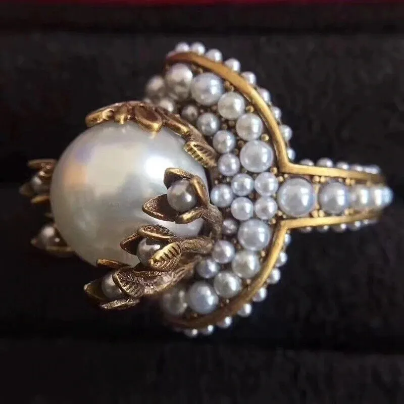 Pearl Flower Ring Vintage Luxury Jewellery Baroque Retro Engagement Wedding UK