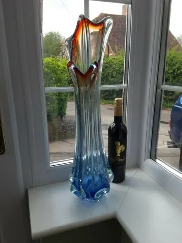 Huge Vintage Murano Blue, red & clear Art Glass Vase C1960's