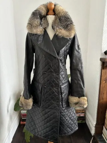 Ladies BELSTAFF black quilted Leather Double-Breasted Trench Coat With Fur Trim