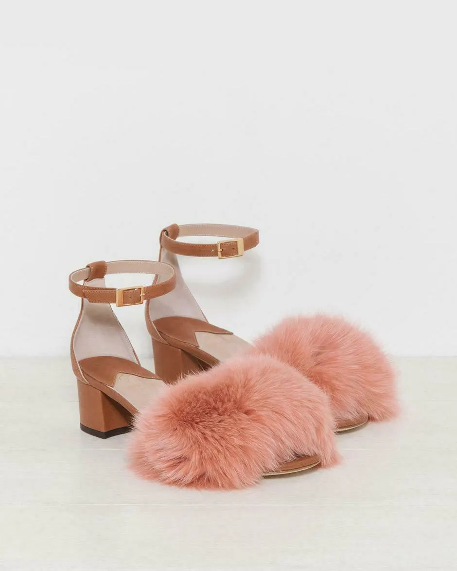 BNIB STUNNING BROTHER VELLIES FUR DHARA SANDALS TAN AND PINK UK 3.5 US6