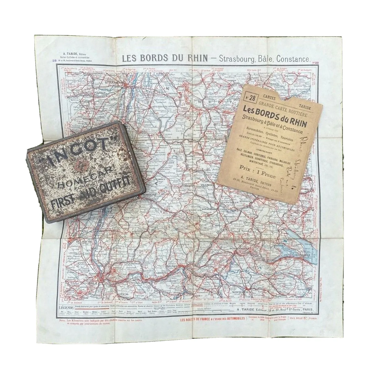 1930's HOME CAR FIRST AID KIT + ORIGINAL TIN & CONTENTS + PERIOD MAP BELGIUM ETC