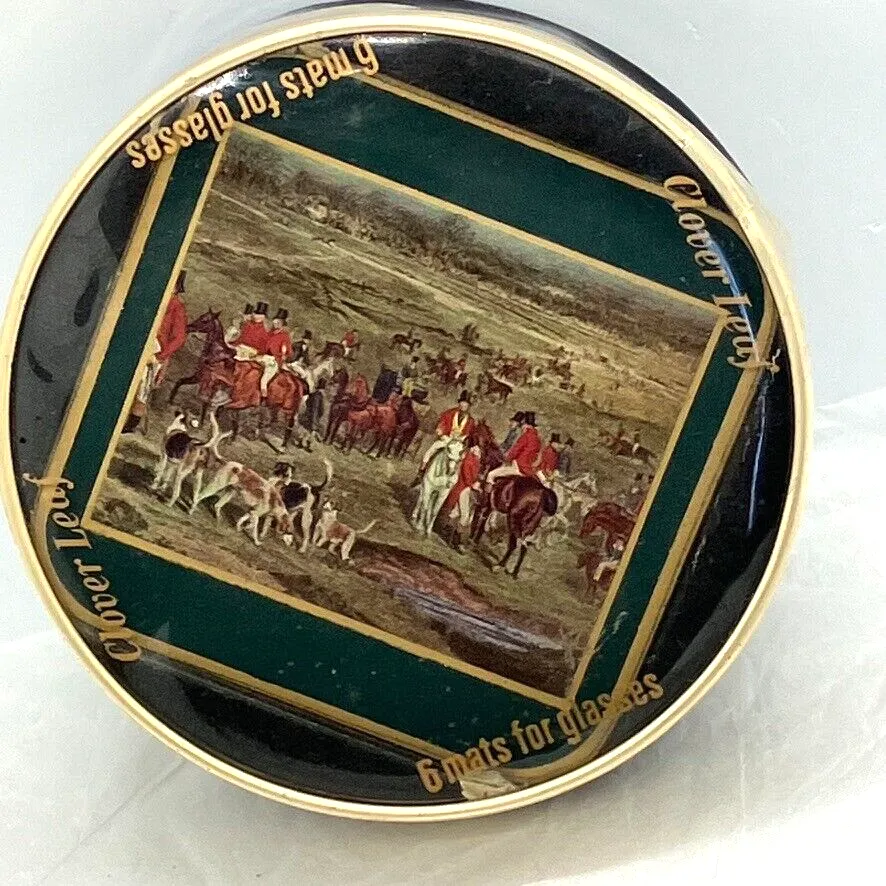 Hunting Coasters Mats Clover Leaf Vintage Cork Back Set of 6 Original Box