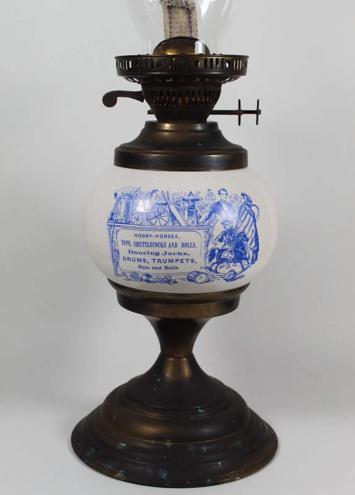 Vintage Ceramic Shop Advertising Oil Paraffin Lamp, Hobby-Horses Demijohn's