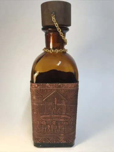 Vintage Leather Covered Glass Bottle Decanter Patio De Los Leones Alhambra 1970s