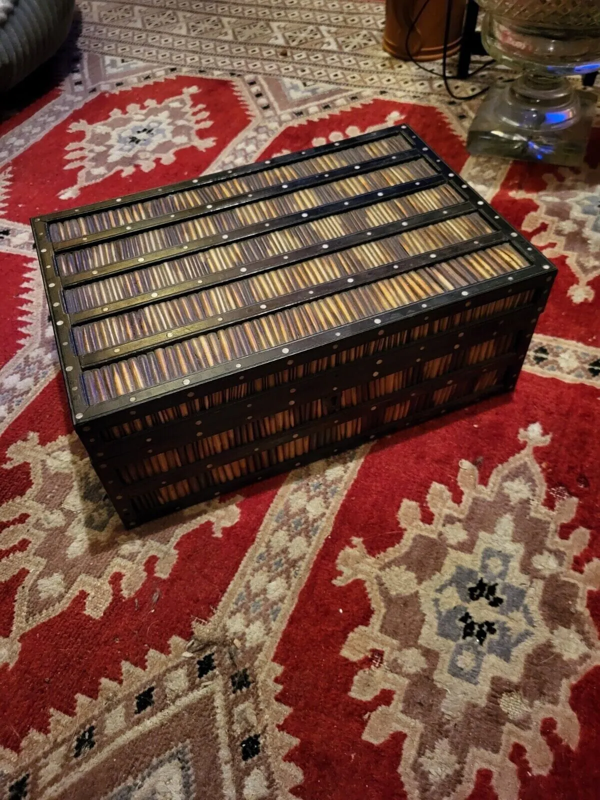 ANTIQUE PORCUPINE QUILL BOX WITH FITTED INTERIOR 9 LIDS