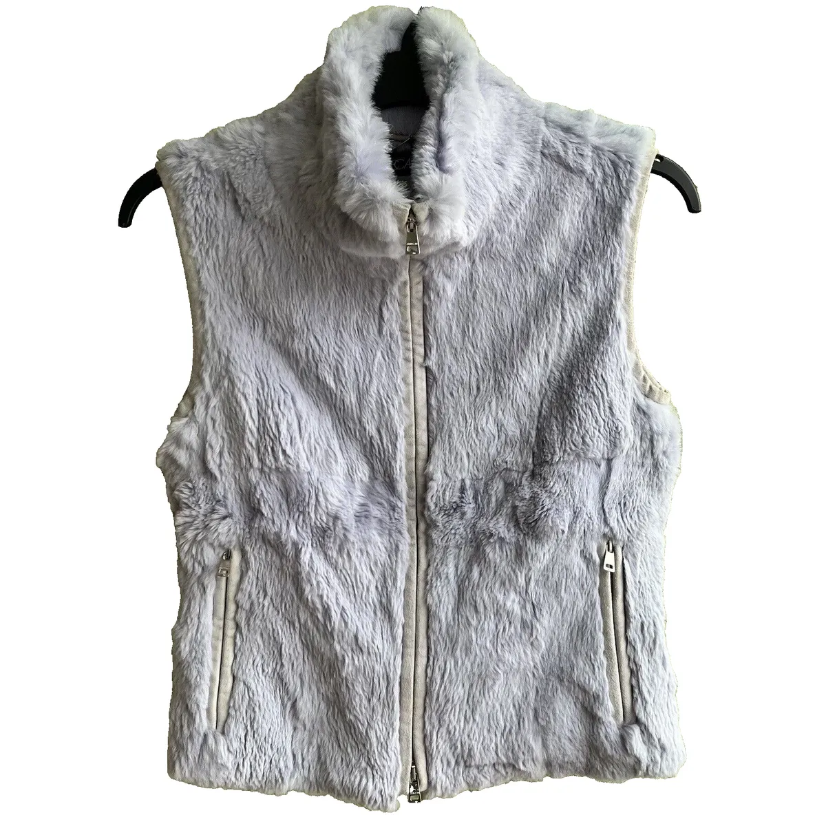 Marc Cain Gilet Fur UK 12 Sz N3 Rabbit Leather Jacket Lilac Purple Cream Zip Up