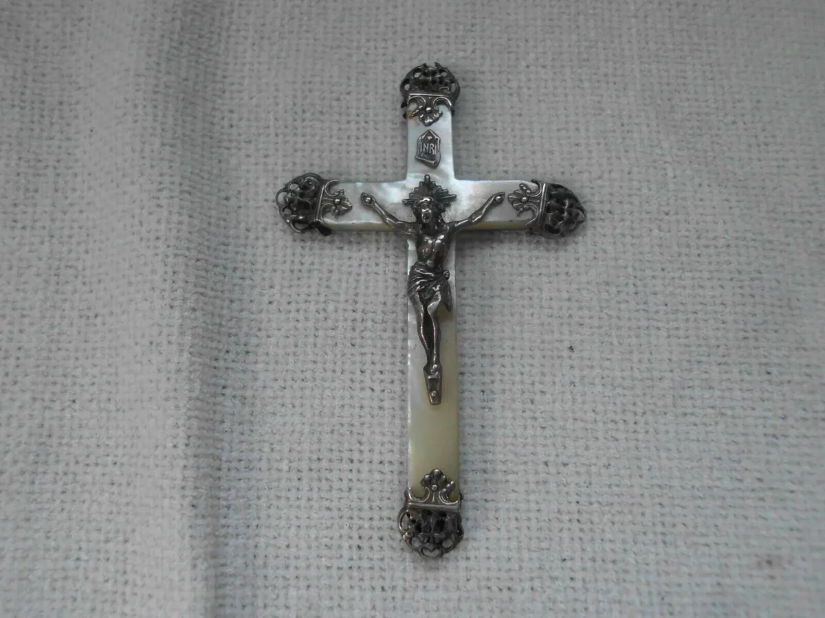 ANTIQUE 19th CEN' MOTHER PEARL & SILVER PECTORAL CRUCIFIX ENGRAVED MT ST JOSEPH?