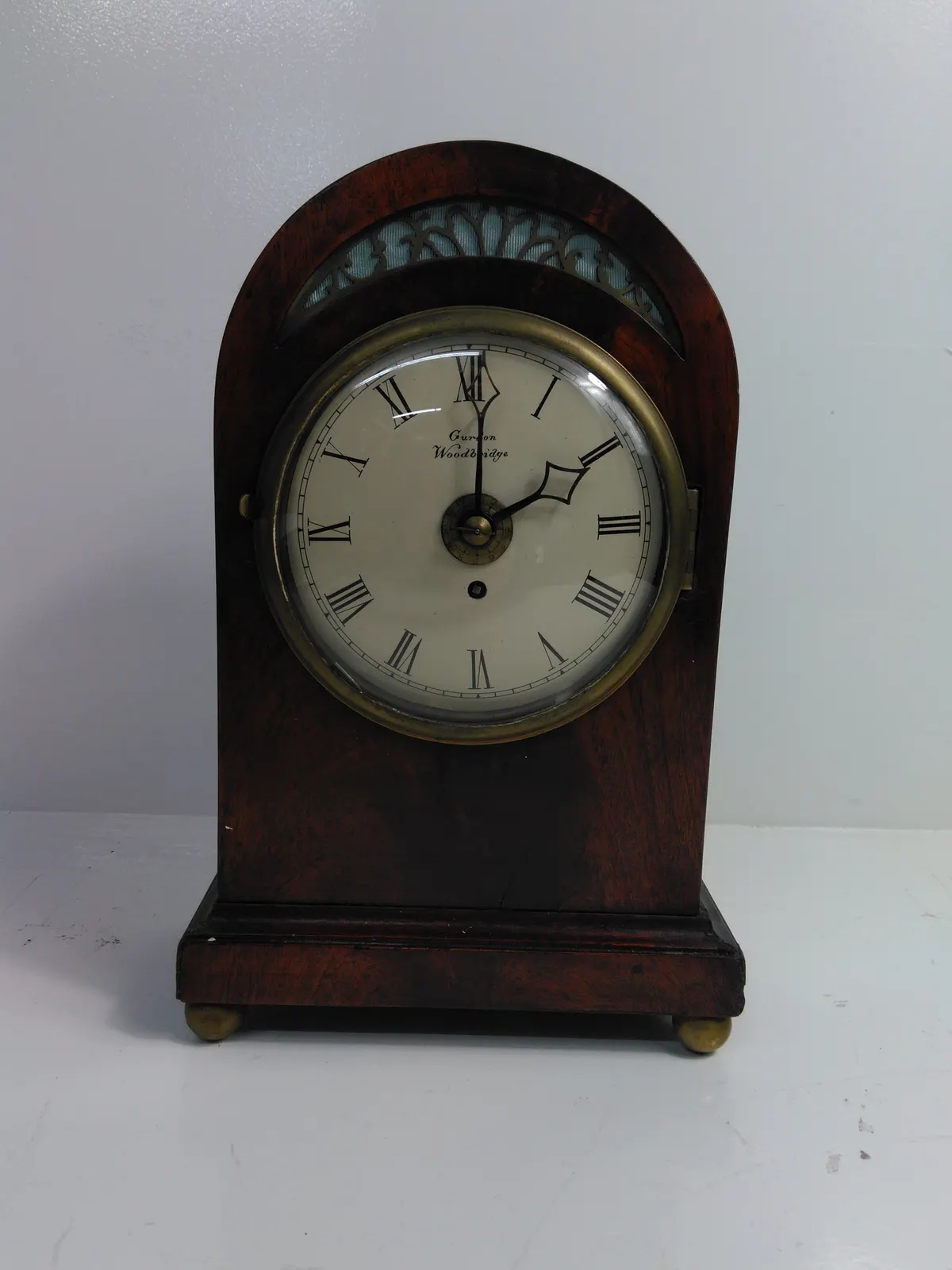 Antique Mahogany Miniature Single Fusee Alarm Mantel Clock By Gurdon Woodbridge