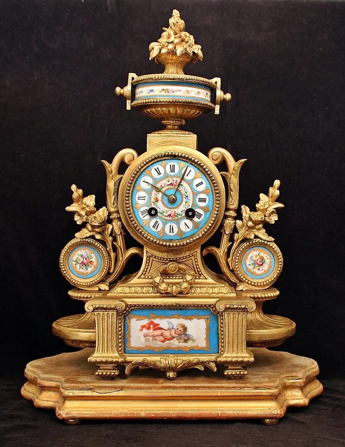ANTIQUE FRENCH ORMOLU MANTEL CLOCK, PAINTED PORCELAIN, CHERUB, WORKS, 15.5" H