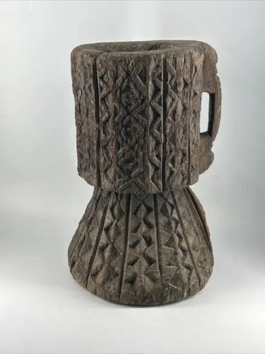 Stunning Rare Large Antique Carved Wood Mortar Ethnic Origin