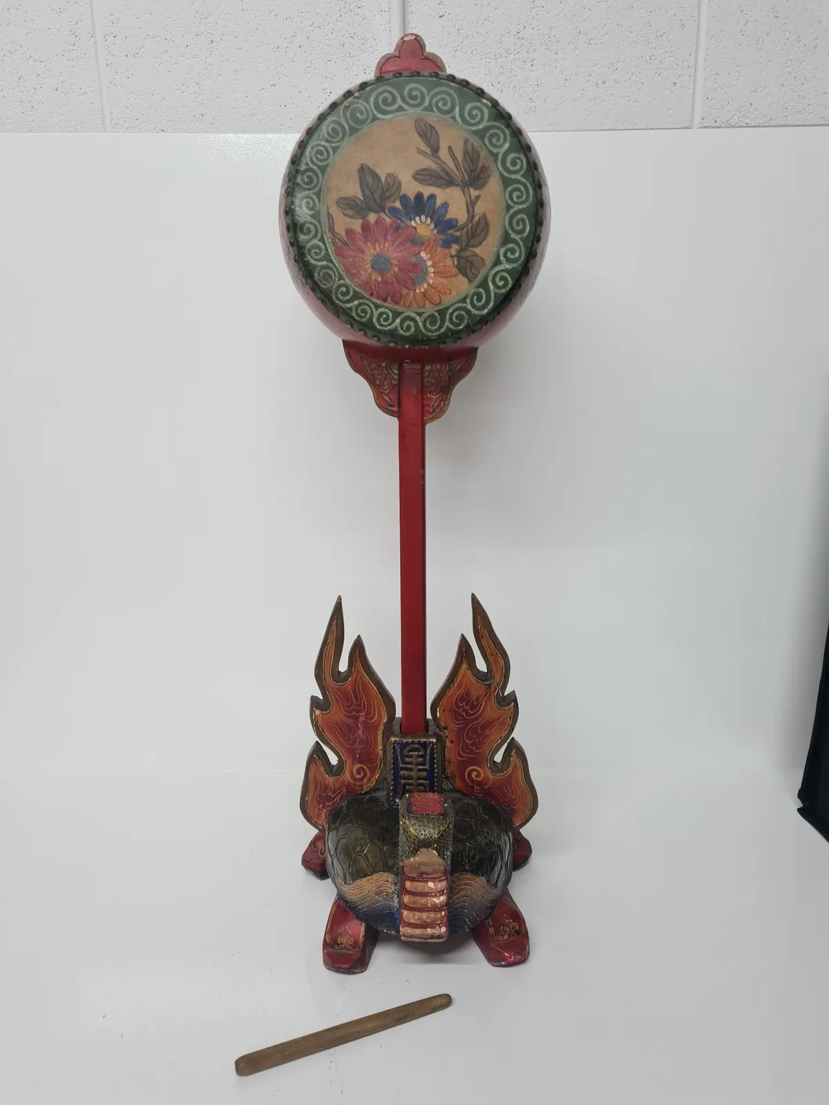 Highly Decorative Vintage Tibetan Ceremonial Drum Hand Painted Turtle Base Tall