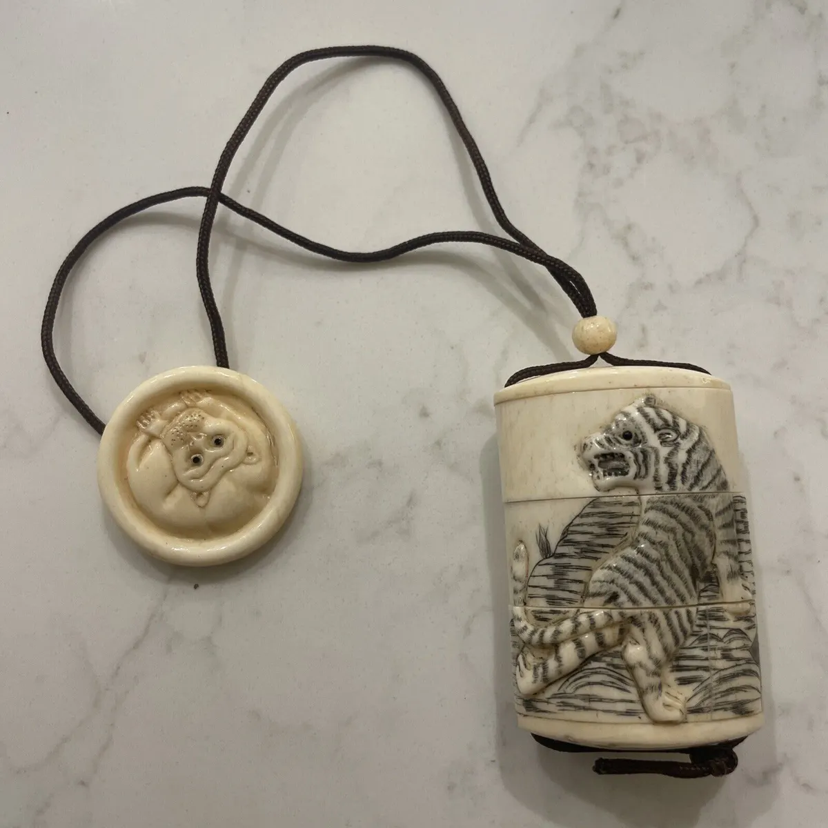 Antique 3 Compartment Japanese Carved Bovine Inro