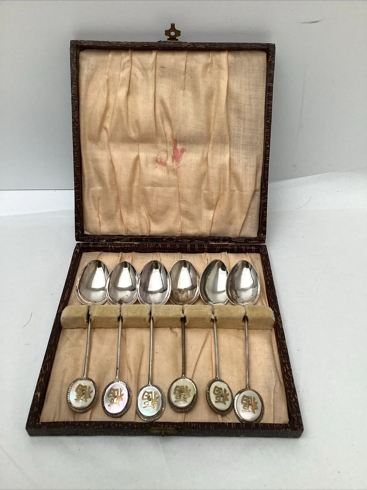 Vintage Chinese Silver Plated Tea Spoons Boxed Mother of Pearl Good Luck Symbol