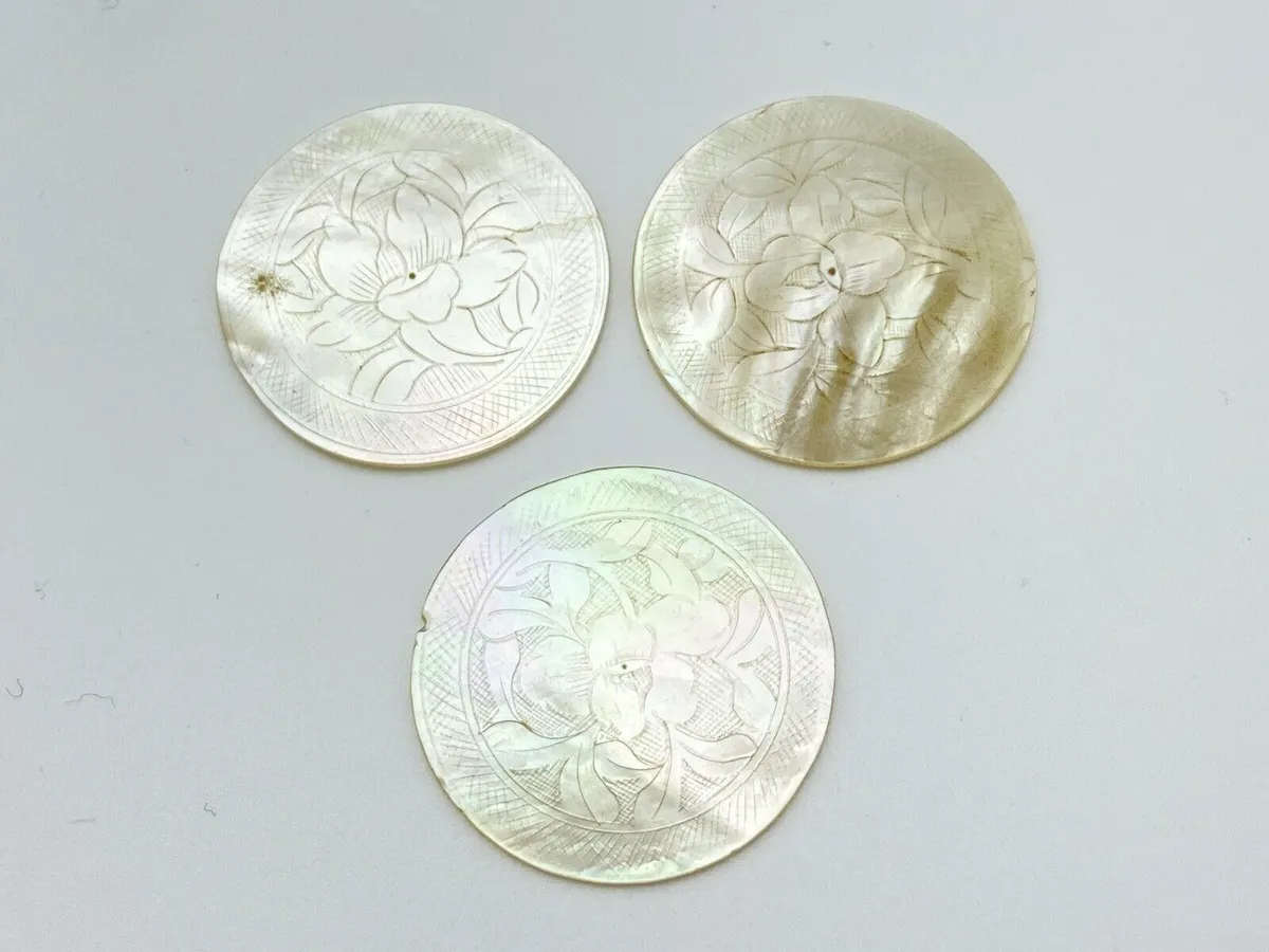 Set of 3 Antique Mother Of Pearl Gaming Counters Carved Chinese