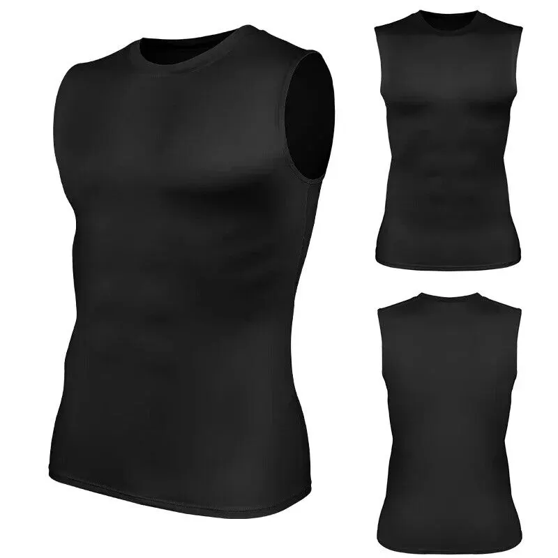 Men's Athletic Compression Vest T-Shirts Sleeveless Workout Tank Top -Black - L
