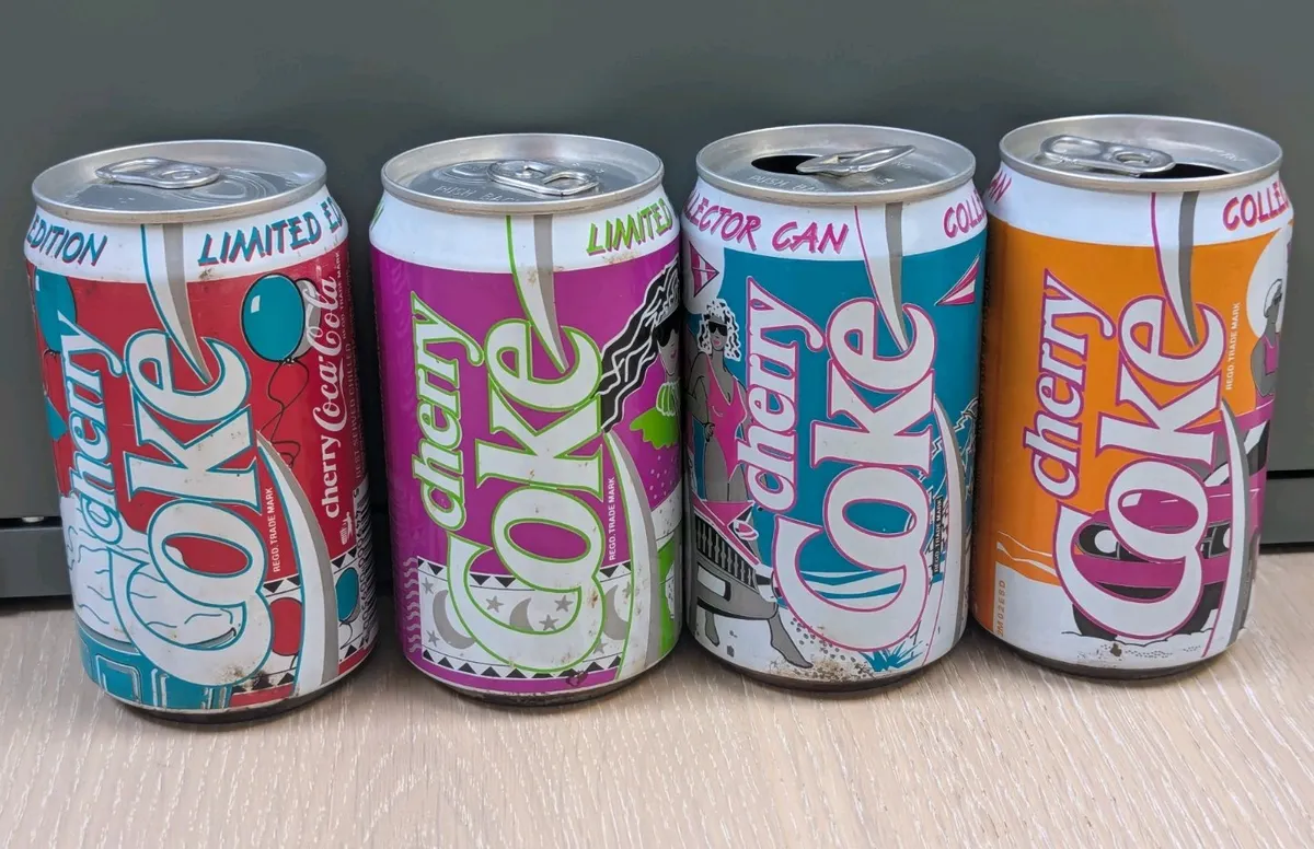 4 Vintage Set UK 1990 1991 Cherry Coke Coca Cola Collector Limited Edition Cans