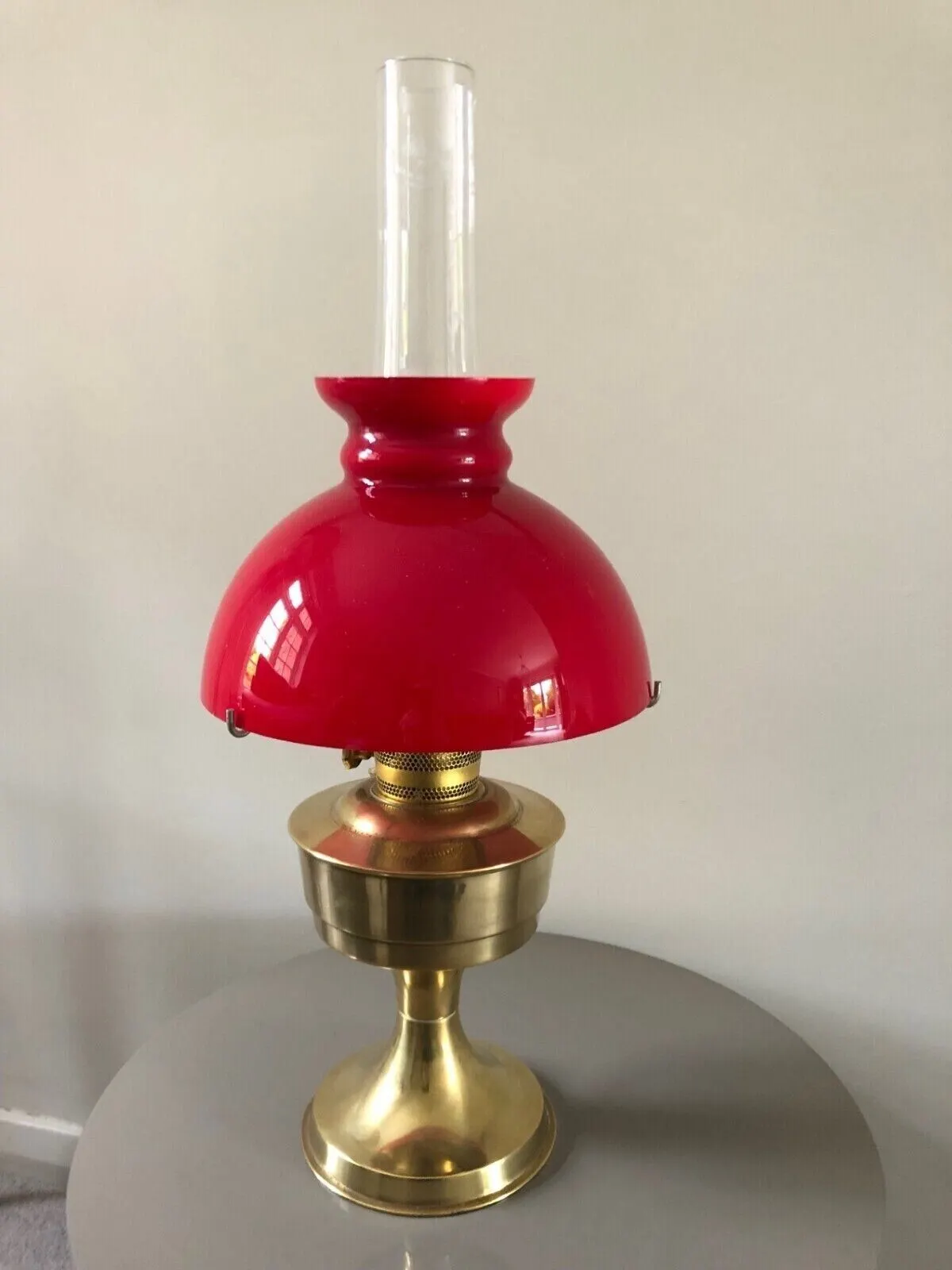 Aladdin 23 Brass Oil Lamp with Red Shade & Glass Funnel - Used