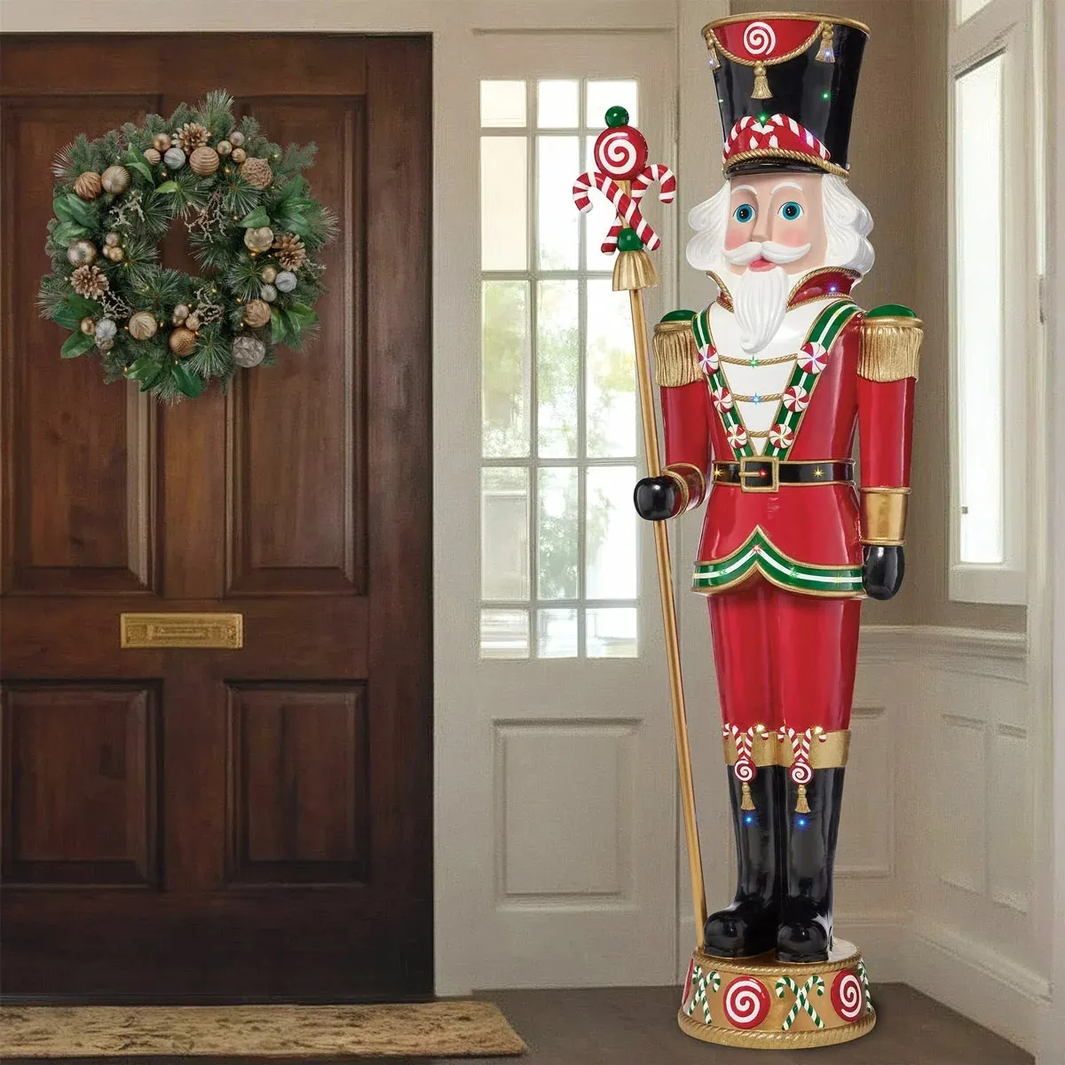 8ft Pre-lit Resin Candy Cane Nutcracker with 42 color LED and Music brand new