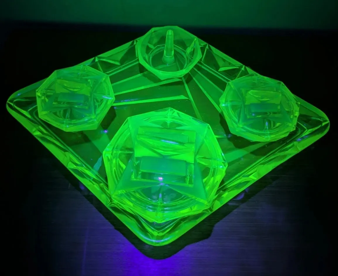 Uranium Glass Art Deco Vanity Tray Set & Pots UK Vintage Used