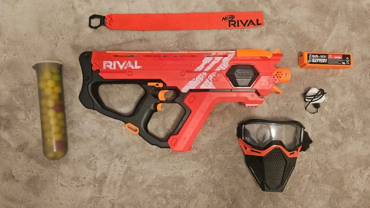 Used Nerf Rival Perses MXIX-5000 Blaster + Paintball Pod, 50 Ammo, Mask, Ribbon