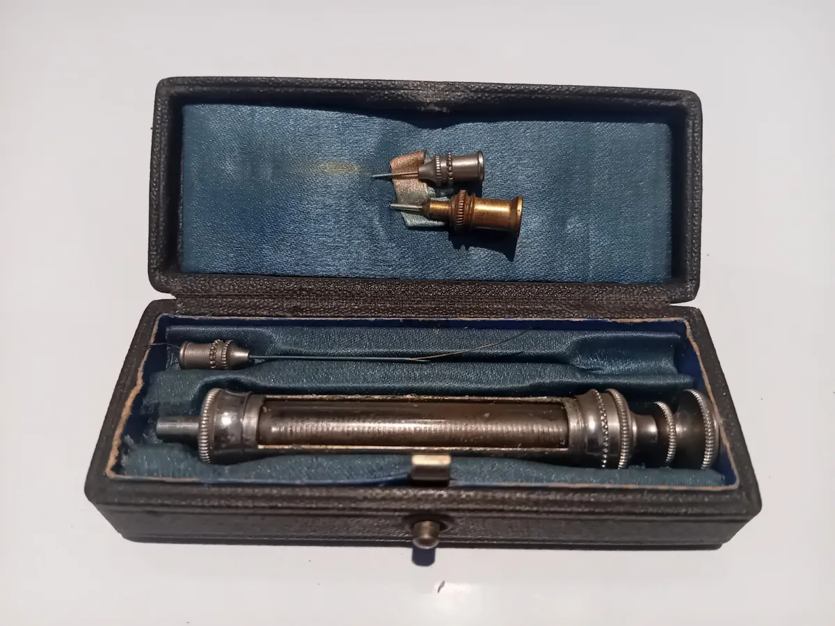 Antique Metal Hypodermic Syringe Used in Original Box Circa 1800s - Collectible