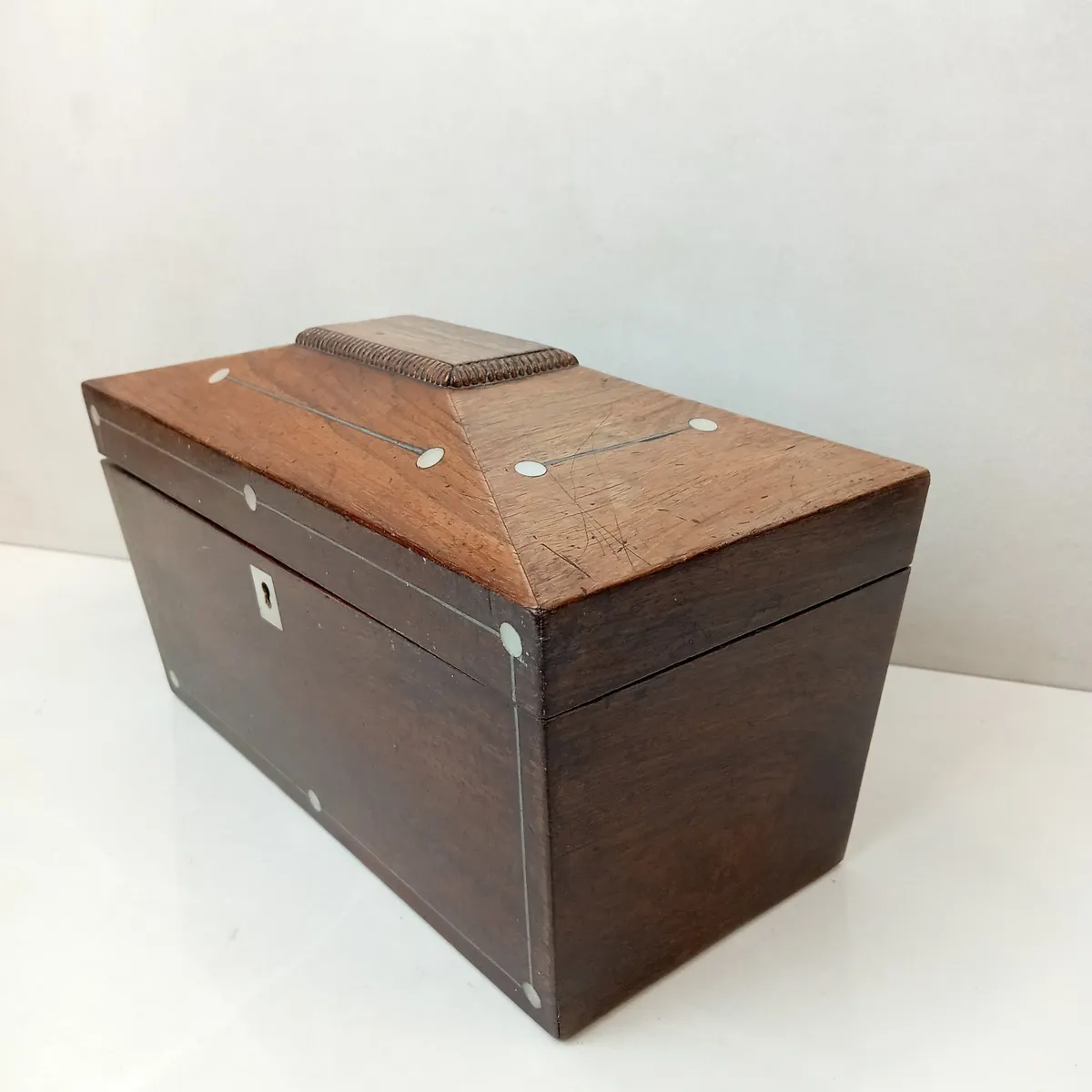 Antique Rosewood Tea Caddy Mother Of Pearl Inlay – For Restoration
