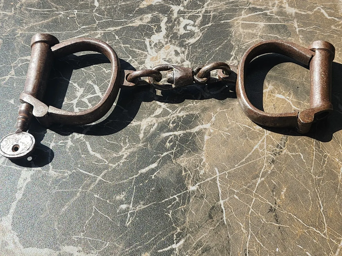 Vintage British Police Handcuffs with Key - Old Antique Metal Cuffs Used