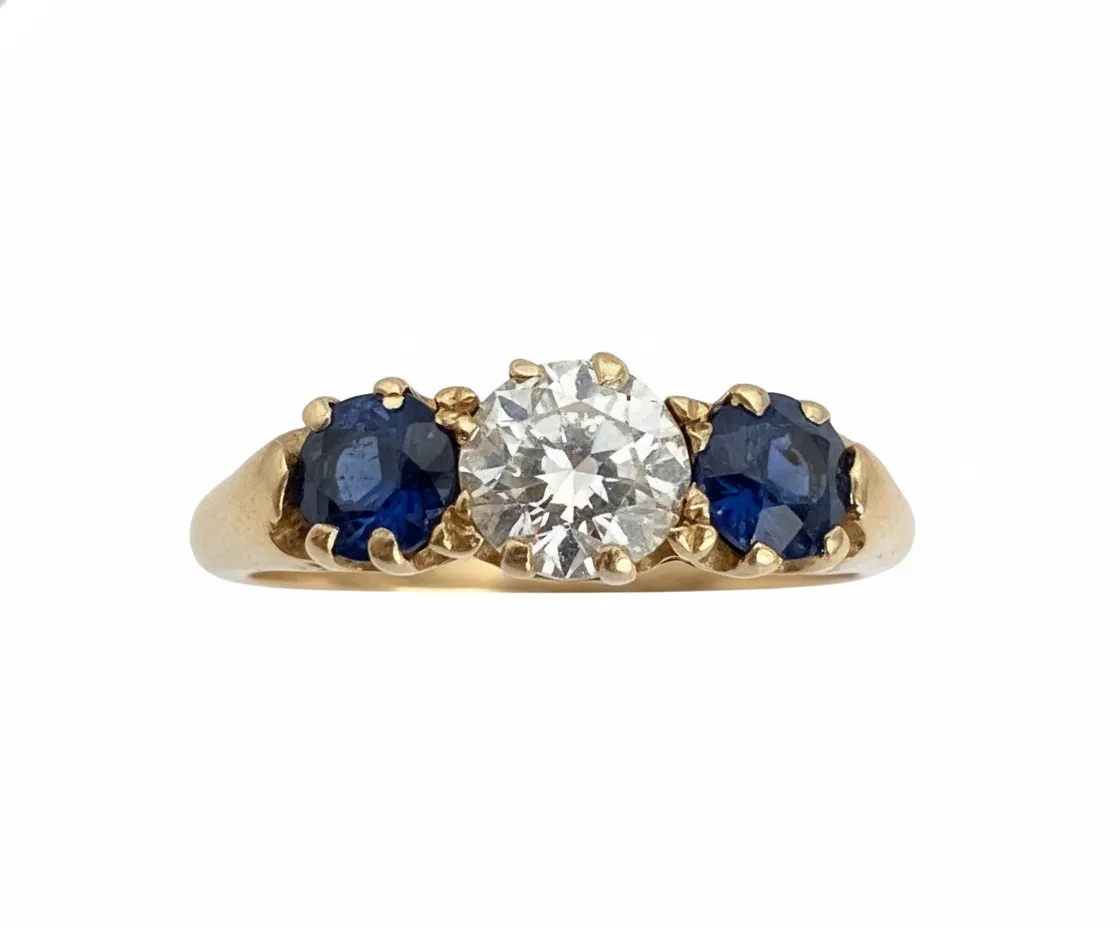 Antique Old cut Natural Diamond & Sapphire Trilogy Ring 18ct Yellow Gold 0.9ct