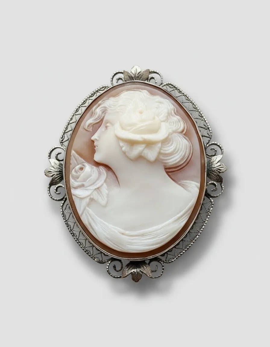 Antique Edwardian 14k White Gold High Relief Shell Cameo Brooch Pendant