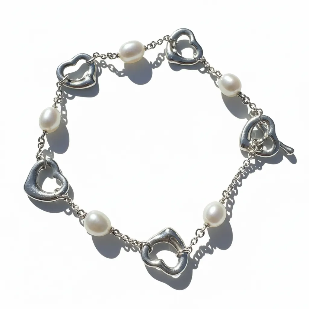 Tiffany & Co Elsa Peretti Open Heart Pearl 7.25” Sterling Silver Bracelet NWT