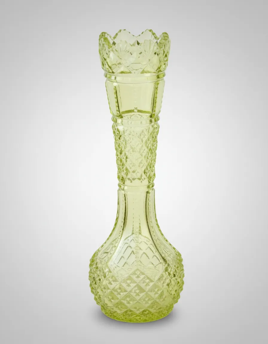 Antique Vaseline Pearline Glass Vase Cut Detail Lime Green Top Ground Base Used