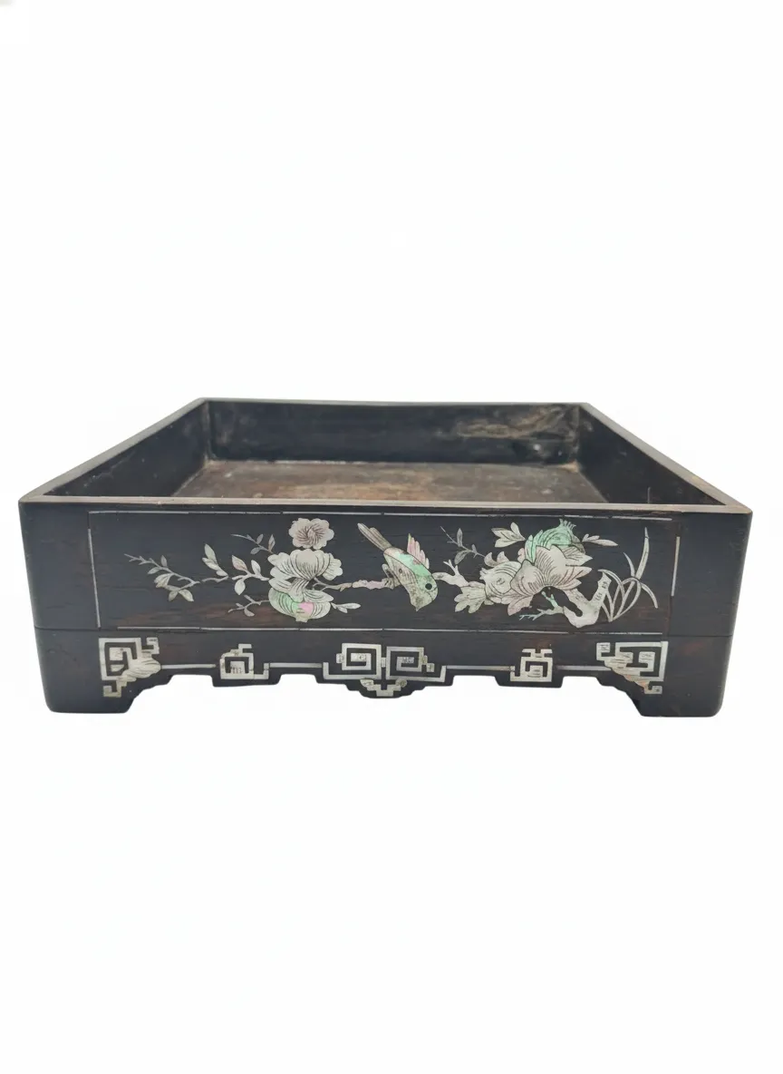 Antique Chinese Qing 19thC MOP Inlaid Wood Display Stand - Losses - 24.5cm