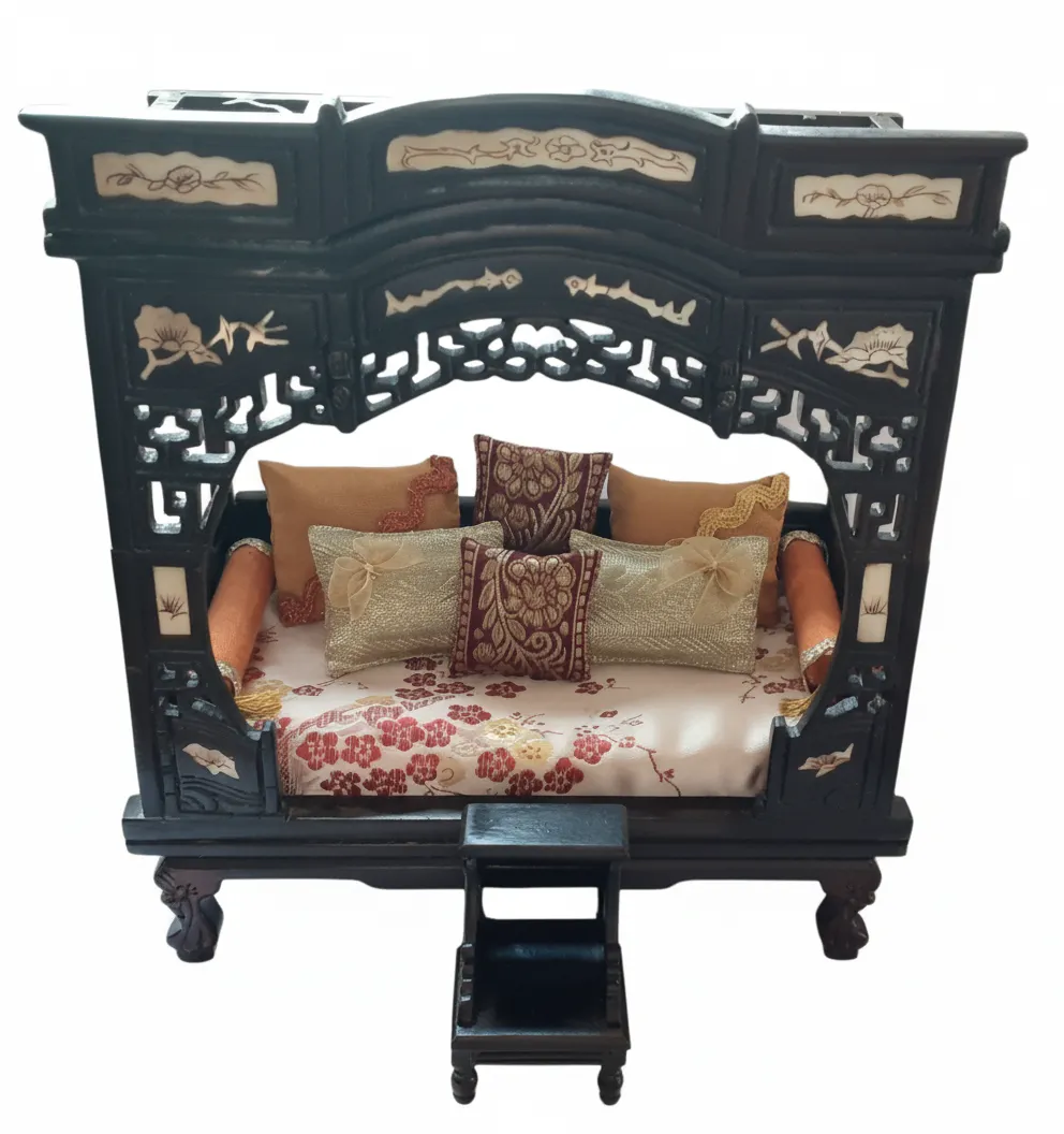 Vintage Dollhouse Chinese Rosewood MOP Carved 4 Poster Day Bed w/ Steps Used