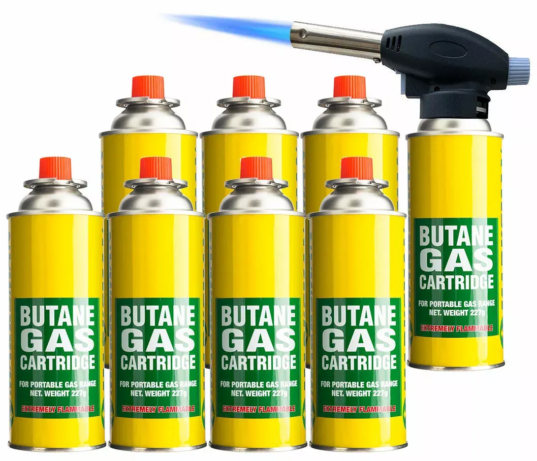 Butane Blow Torch Auto Ignition Flame Burner Weed BBQ & 8 Gas Canisters