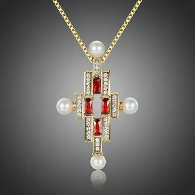 60th Birthday Gift For Mum RED CUBIC ZIRCONIA CROSS PEARL NECKLACE KHAISTA