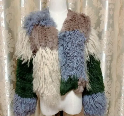 Genuine Knitted Lamb Fur Rabbit Fur Fox Fur Cardigans Jacket Size 6/8/10