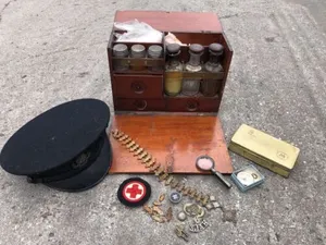 WW1 ST JOHNS AMBULANCE HAT, BADGES, MEDICAL BOX, BADGES, MEDALS ETC