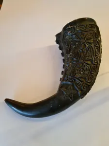 Antique African Tribal Tikar Carved Horn Palm Wine Drinking Vessel, Cameroon