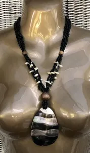 NEW STATEMENT LARGE ABALONE SHELL SEED BEAD PENDANT NECKLACE ETHNIC BOHO HIPPIE