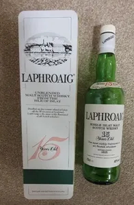 Laphroaig 15 year old (EMPTY) pre-Royal Warrant single malt whisky bottle + Box