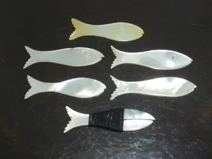 Antique Chinese Mother of Pearl Fish Thread Winders x 6 Carved Gaming Counters